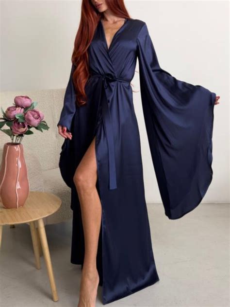 Long Dark Blue Kimono Robe - Elegant Floor Length Robe - Long Sleeve ...