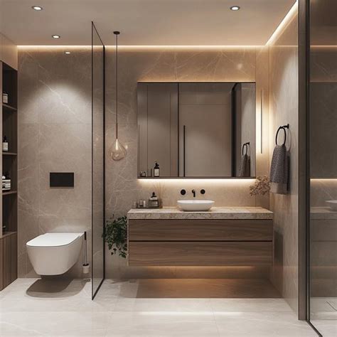 Warm Elegance: Sophisticated Bathroom with Marble Accents and Wooden ...