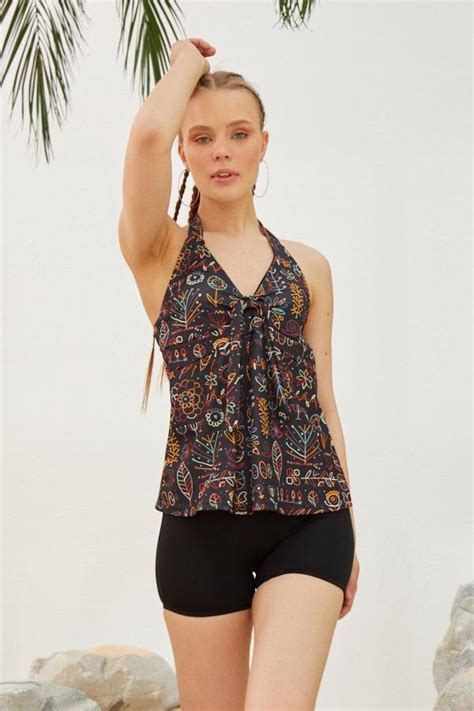 Siyah Şortlu Tankini Boyundan Bağlamalı Etnik Desen Mayo | Starinci Mayo