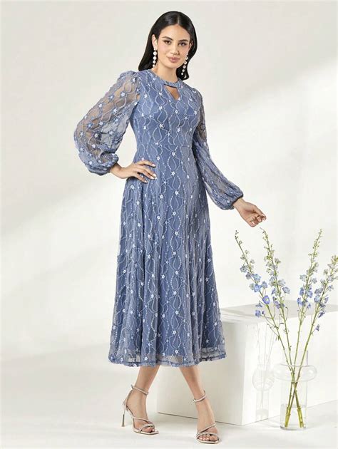 Modelyn Keyhole Neckline Lantern Sleeve Lace Overlay Dress Without Belt ...