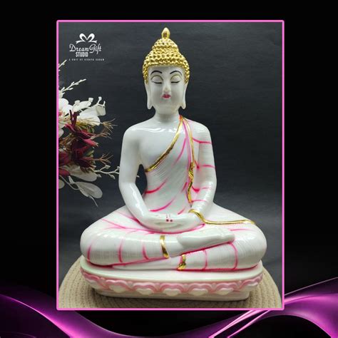 Serenity in Shine – Glossy White Buddha Statue with Pink Highlights ...