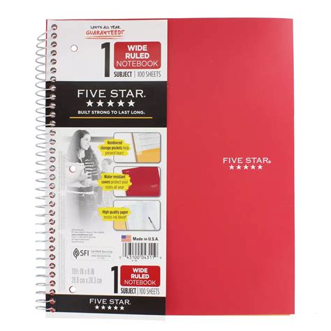 Five Star 1 Subject Wide Ruled Spiral Notebook - Fire Red - Shop ...