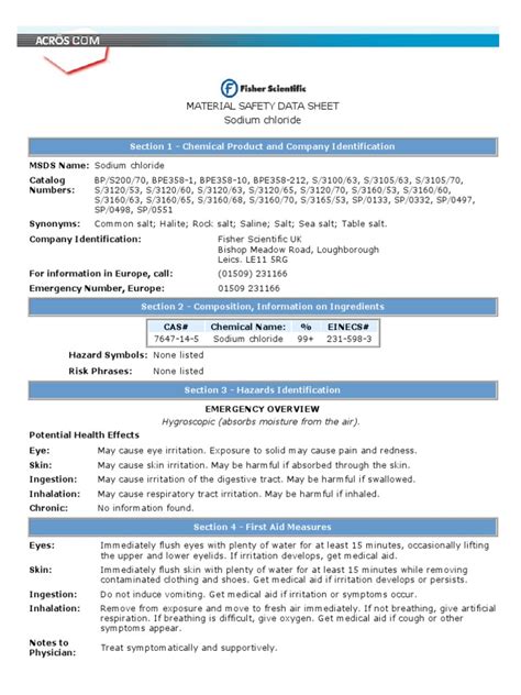 Material Safety Data Sheet Sodium chloride: Section 1 ­ Chemical ...