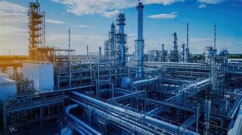 Exterior of a modern chemical plant with pipes and storage tanks ...