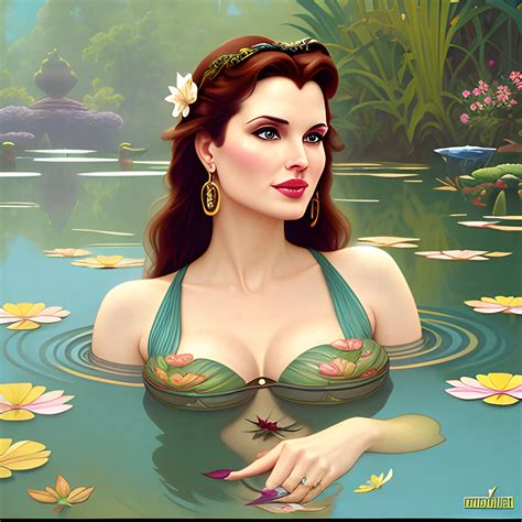 young Geena Davis at a lotus pond; highly detailed beautiful fac ...