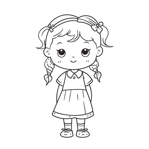 Cute Little Girl With Braids Coloring Page Outline Sketch Drawing Vector, Wing Drawing, Girl ...