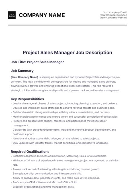 Free Project Sales Manager Job Description Template to Edit Online