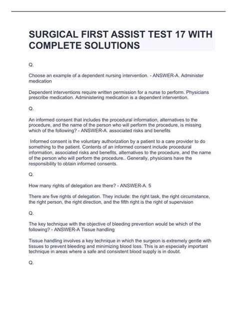 SURGICAL FIRST ASSIST TEST 17 WITH COMPLETE SOLUTIONS - SURGICAL FIRST ...