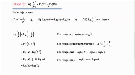 Bevis for logaritmeregneregel: log(a/b)=log(a)-log(b)