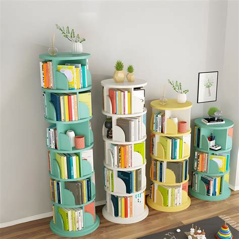 Modern Wooden Rotatable Storage Bookshelf Home Round Bookcase Bookcases