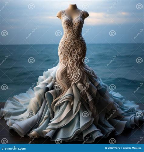 Exquisite Wedding Dress with Ocean-inspired Details Stock Illustration - Illustration of blue ...