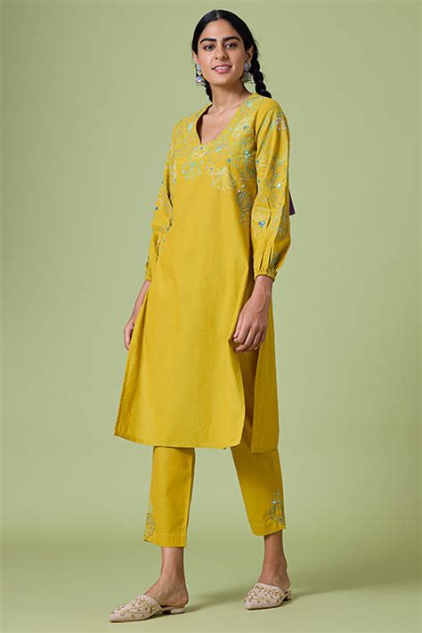 Buy Okhai Yellow Daisy Pure Cotton Hand Embroidered Mirror Work Kurta ...