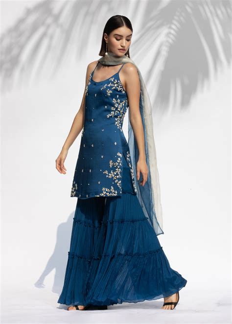 Saphire Blue Kurta Sharara Set for women by Mandira Wirk – mandirawirk.in