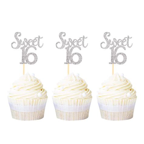 Buy Ercadio Silver Sweet 16 Cupcake Toppers Glitter Age Sixteen Cupcake ...