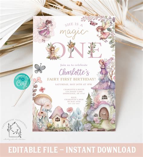 Editable Fairy Birthday Invitation Fairy Magic ONE Birthday Invitation Garden Fairy Magical ...