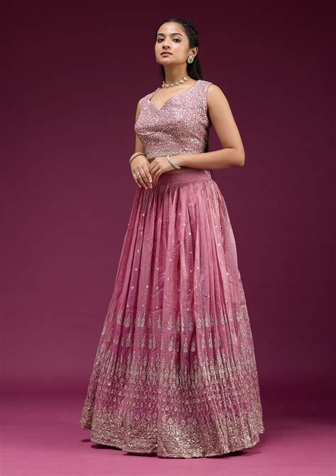 Buy Onion Pink Sequins Organza Readymade Lehenga - Koskii