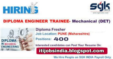 SGK India Currently Require 400 Fresher Diploma Mechanical Holder for ...