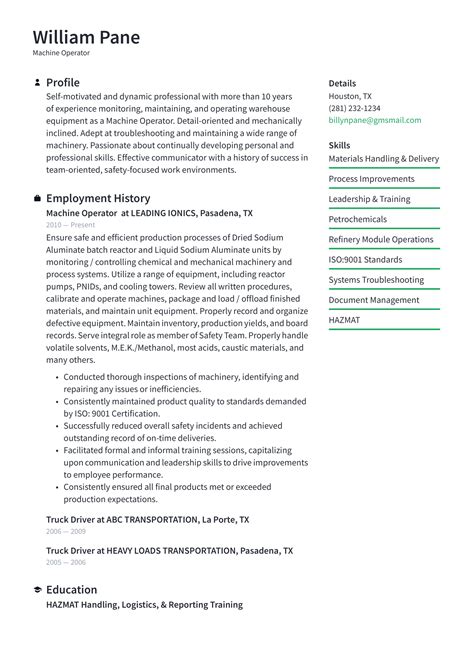 Image result for Machine Operator Resume Examples