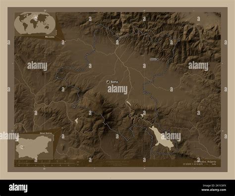Grad Sofiya, province of Bulgaria. Elevation map colored in sepia tones ...