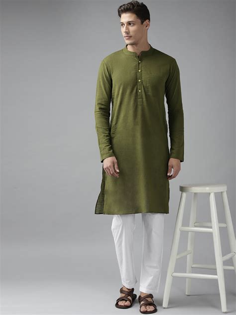 Men Olive Green Cotton Slub Straight Kurta – See Designs