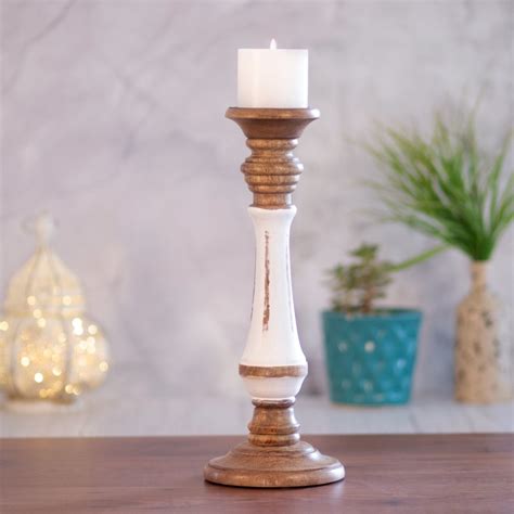 Kezevel Wooden Candle Stand - Artistic Vintage White & Brown Mango Wood ...
