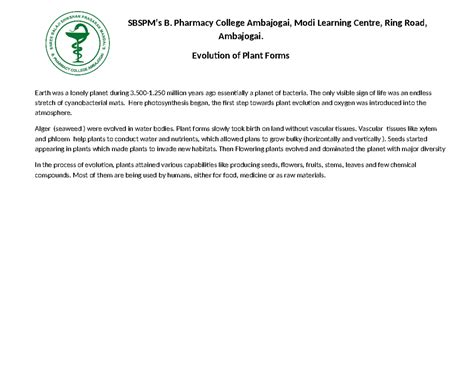 Evolution of plant - SBSPM’s B. Pharmacy College Ambajogai, Modi ...