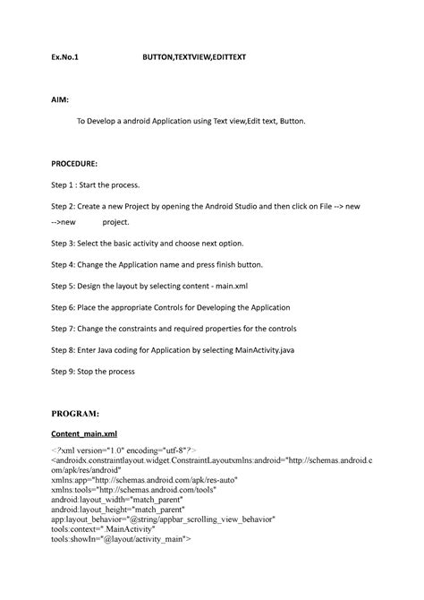 And1 - Android notes - Ex.No BUTTON,TEXTVIEW,EDITTEXT AIM: To Develop a ...