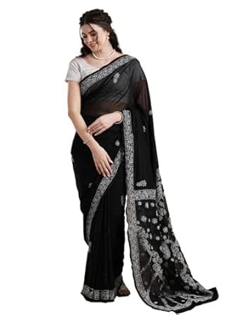 Ada Hand Embroidered Lucknow Chikankari Black Faux Georgette Saree with ...