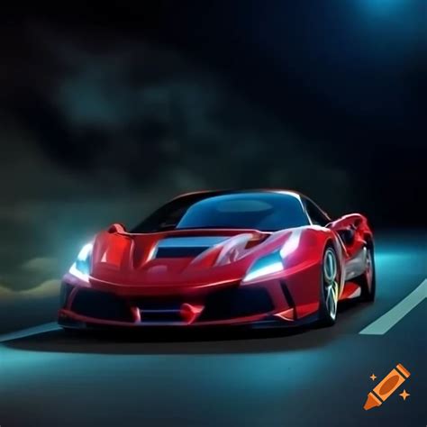 Ferrari driving on illuminated night road on Craiyon