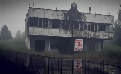 There is a creepy building with a sign on it in the fog generative ai ...