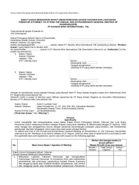 SURAT KUASA MENGHADIRI RAPAT UMUM PEMEGANG SAHAM TAHUNAN DAN LUAR BIASA ...