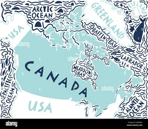 Vector hand drawn stylized map of Canadian region with neighbor countries. Canada travel ...