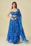 Buy Blue Chiffon Embroidery V-neck Floral Print Pleated Lehenga Set For ...