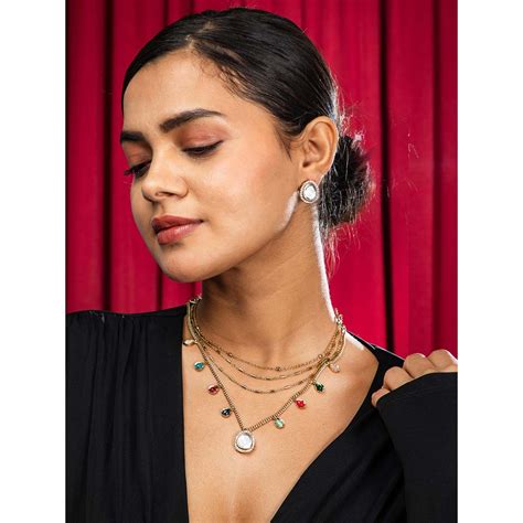 Buy Niscka Gold Plated Triple Layered Chain Kundan Necklace with ...