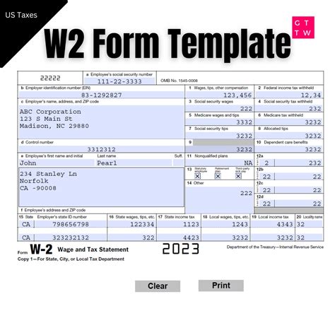 W2 Form IRS 2023 Fillable PDF With Print and Clear Buttons - Etsy