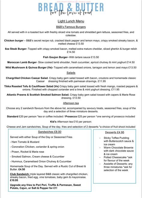 Menu at Bread & Butter restaurant, Preston