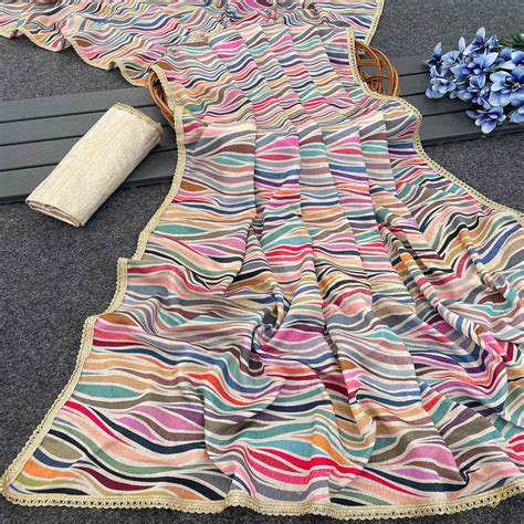 Multicolor Striped Digital Printed Chinon Silk Saree With Fancy Lace B