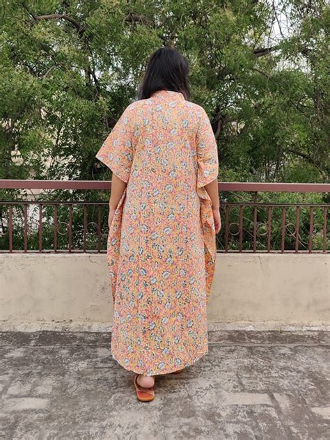Yellow Pink Hand Block Printed High Low Long Shirt Kaftan – Kasaa Hues