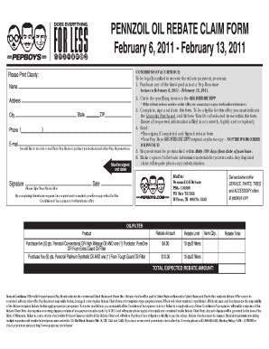 Pennzoil Oil Rebate Claim Form - Blank Fillable Template | Fill Out ...