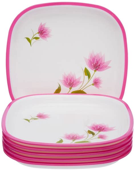 Buy Nayasa Superplast Plastic Square DLX Quarter Plate Set, Pink, 6 ...