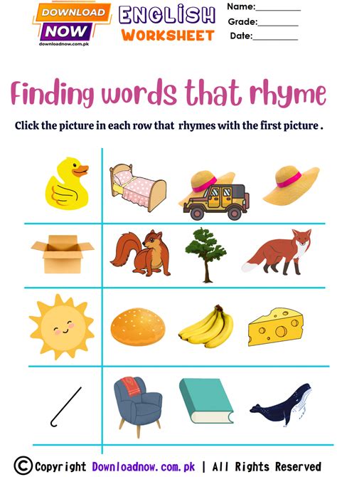 3-Matching pictures that rhyme - Free Printable Worksheets