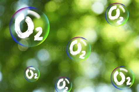 O2 Molecules in Bubbles and Blurred View of Green Background. Oxygen Release Concept Stock Image ...