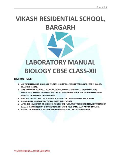 Biology Lab Manual for Class XII (2026-2027) - VIKASH RESIDENTIAL ...