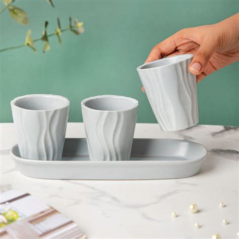 Ternion Wavy Textured Planter Set Of 3 With Plate Grey Online - Premium ...