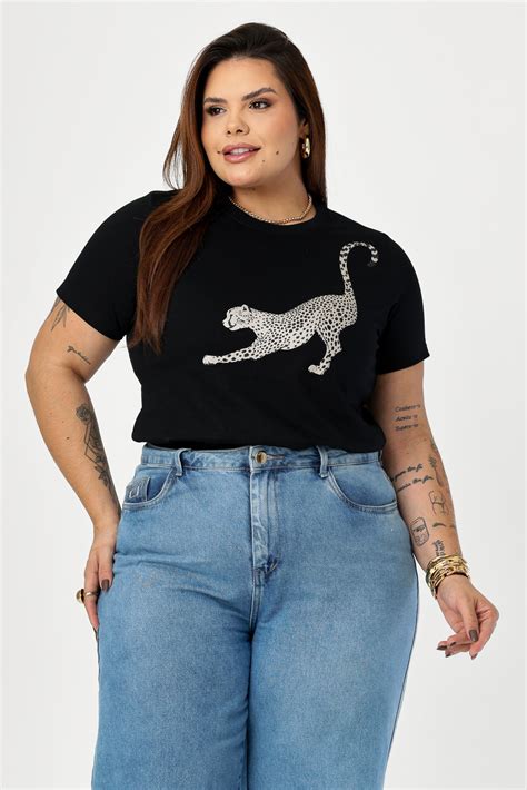 T-SHIRT PLUS SIZE ONCA - COR PRETO | Atacado Tshirt | Use Criativa