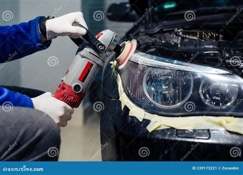 Car Headlights Cleaning with Power Buffer Machine at Car Service Stock Image - Image of auto ...