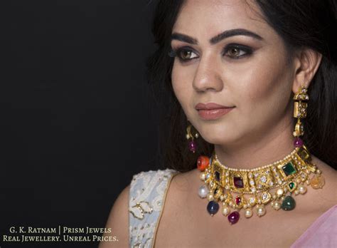 18k Gold and Diamond Polki Antique Navratna Choker Necklace Set – G. K ...