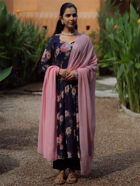 Buy Women's Navy Blue Georgette Kurta Set With Dupatta Online in India ...