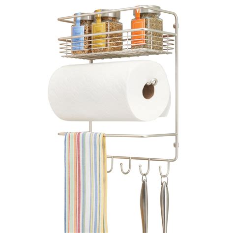 mDesign Metal Wall Mount Paper Towel Holder with Storage Shelf & Hooks ...