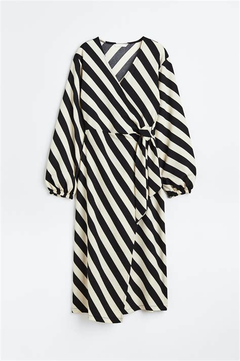 Balloon-sleeved wrap dress - Black/Striped - Ladies | H&M IN